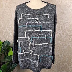 Pure Jill Size Medium Gray Sweater Fringe Tassel Front Multicolor Cozy EUC